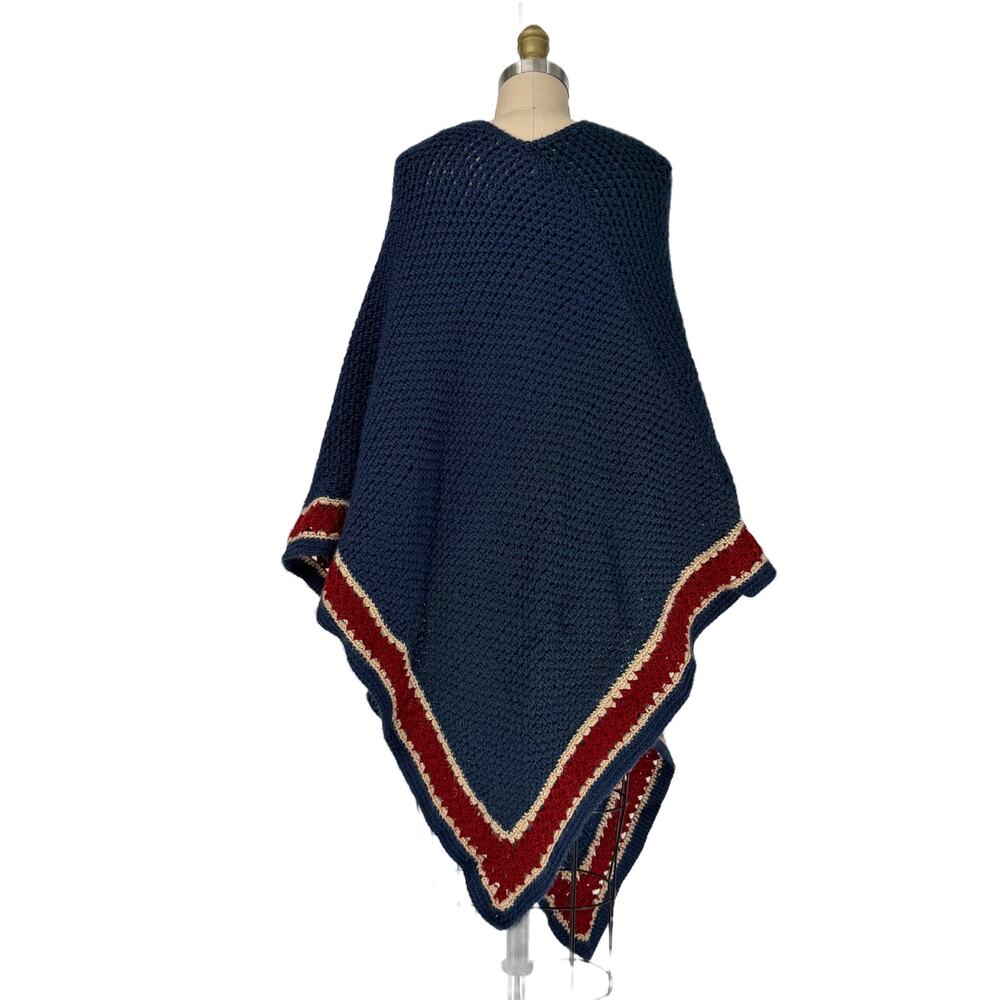Vintage Hand Crafted Crocheted Poncho Sweater Unisex One Size Navy Stripe - Picture 2 of 7